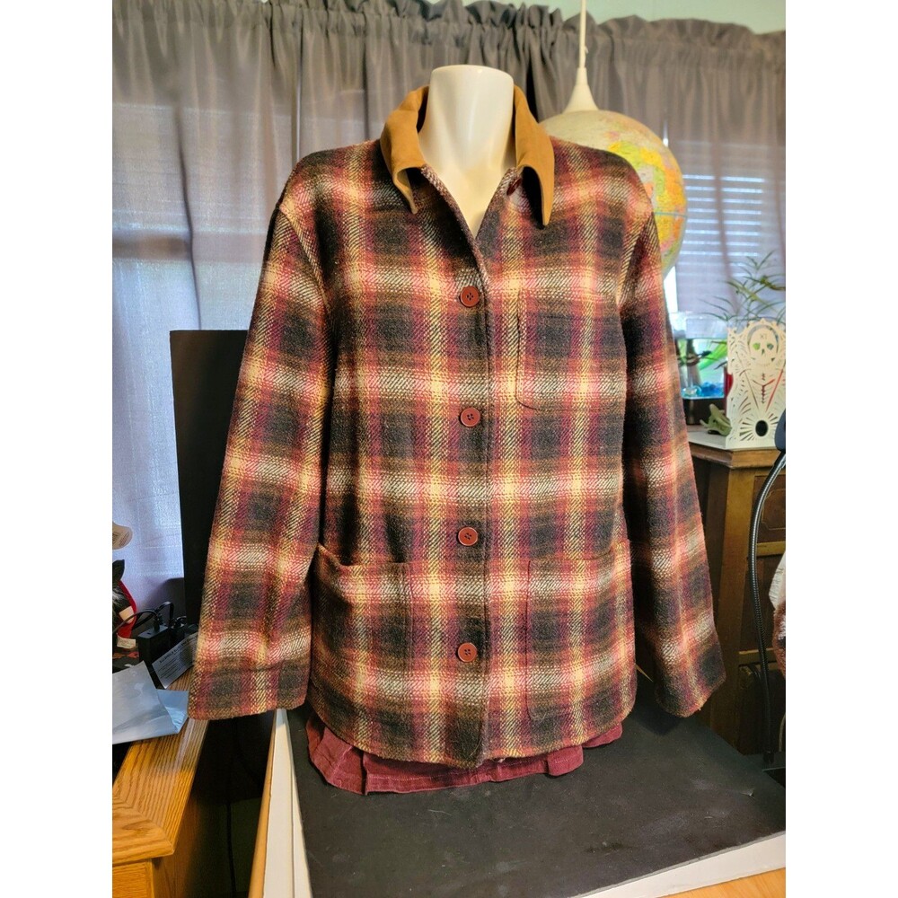 Evan-Picone Womens Plaid Cotton Mid-Length Lined Button Front Jacket Sz L